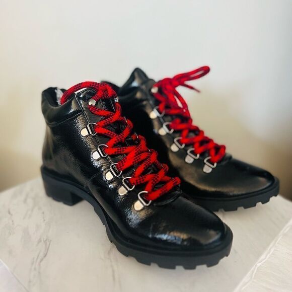 SCHUTZ Patent Leather‎ Hiking Boots Booties, Red Laces/Black, Size 6.5, NWOT - Picture 12 of 17